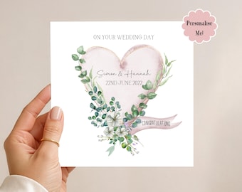 Personalised Floral Wedding Card: Watercolour Heart Wreath