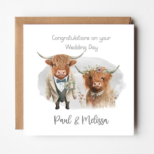 Personalised Highland Cow Couple Wedding Card Greeting Card 6x6 Square Congratulations on your wedding day Scottish Wedding Highlands