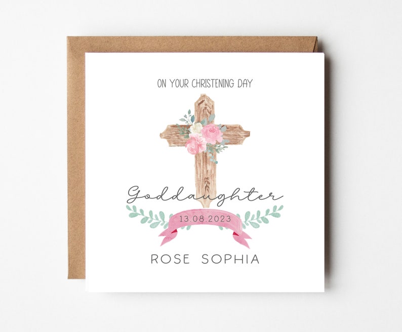 Personalised Goddaughter Christening Card Baptism Naming Day Pink Floral image 1