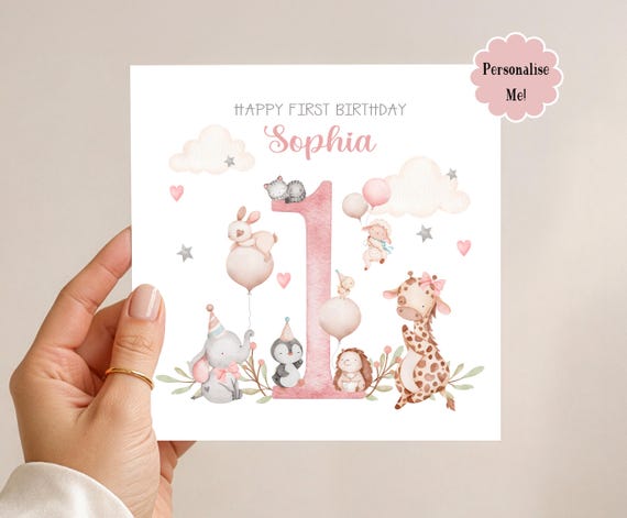 Personalised 1st Birthday Card: Baby Animals, Granddaughter, Niece