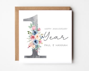 1st Year Anniversary Card Personalised - One Year - Paper Anniversary - Silver Floral