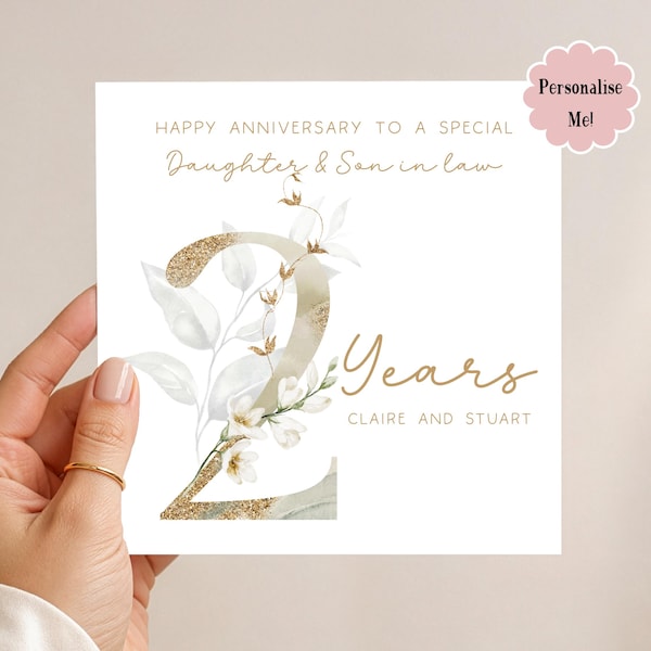 Personalised 2nd Anniversary Card: Daughter & Son-in-Law, Gold Botanical