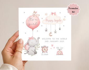 Personalised New Baby Girl Card: Pink Elephant, Welcome to the World