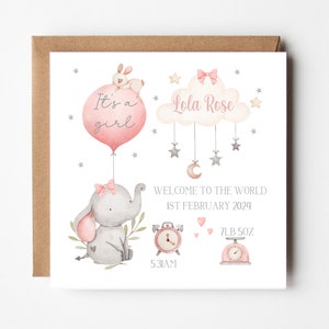 New Baby Girl Card -Welcome to the World - Personalised - Congratulations - New Baby Card -  Birth Details - Baby Pink  Elephant