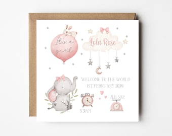 New Baby Girl Card -Welcome to the World - Personalised - Congratulations - New Baby Card -  Birth Details - Baby Pink  Elephant