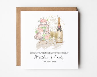Personalised Wedding Day Card - Congratulations - Gold Champagne Bottle & Cake - Mr Mrs Marriage - Wedding Congrats