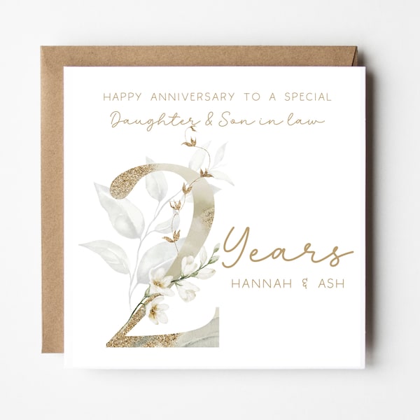 Daughter & Son in law 2nd Year Anniversary Card Personalised - Two Years- Cotton Anniversary - Gold Botanical