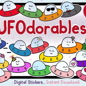 Puede incluir: Una colección de pegatinas digitales con temática OVNI y diversas expresiones. Las pegatinas presentan extraterrestres sonrientes en platillos volantes de diferentes colores, incluyendo rojo, verde y rosa. El texto en la imagen dice "UFOdorables" y "Digital Stickers. Instant Download."
