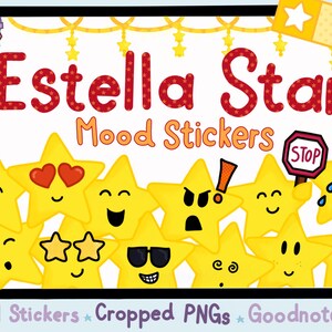 May include: A set of 38 digital mood stickers featuring yellow star-shaped characters with different facial expressions. The stickers are labelled "Estella Star Mood Stickers".