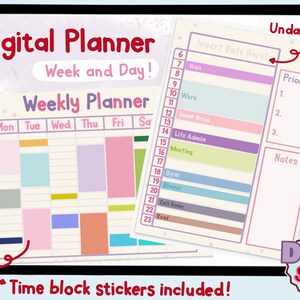 May include: Digital planner with a weekly layout, featuring time blocks and an undated design. The planner includes sections for daily scheduling, priorities, and notes. The design incorporates pastel colors and the text "Time block stickers included!"