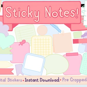 May include: A set of over 260 digital sticky notes in various pastel colors and shapes, including squares, rectangles, circles, hearts, and speech bubbles. The notes are pre-cropped and ready to download.