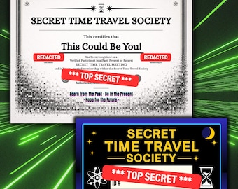 Kit de membresía de la Sociedad Secreta de Viajes en el Tiempo: Tarjeta de identificación laminada + Certificado – Regalo de comedia de ciencia ficción – Artículo de colección para enmarcar