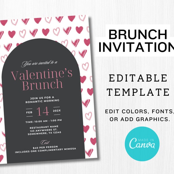 Valentine's Brunch Menu Flyer Invitation Template for Canva | Valentine Restaurant Lunch Special | Pink Hearts