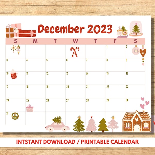 Printable December Calendar 2023, Boho Pink Christmas Calendar, Holiday Calendar, December Printable Calendar, Digital Calendar