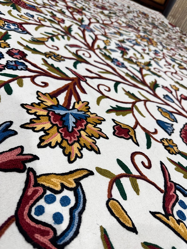 Handmade Kashmir Bed Cover Set, Bohemian Luxury Bedding, Floral Crewel