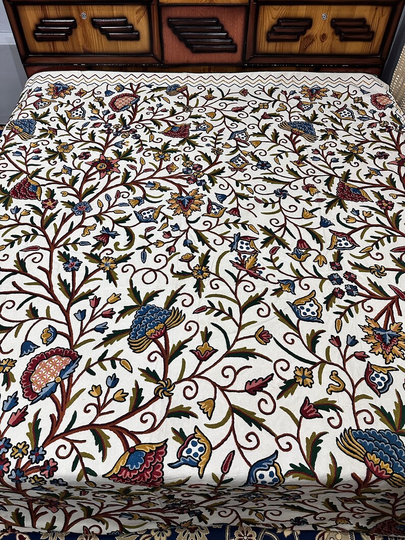 Handmade Kashmir Bed Cover Set, Bohemian Luxury Bedding, Floral Crewel