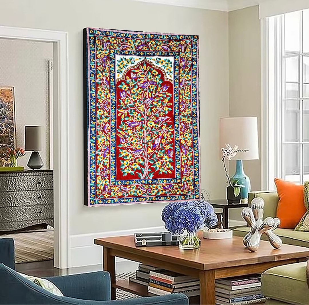 Handmade 3x5 Kashmiri Silk Tapestry, Wall Hanging, Boho Home Decor Rug