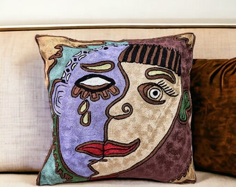 Pair of 16"x16" (40x40cm) Abstract Design Kashmiri Handmade Chain Stitch Throw Cushion Cover, Couch Cushion Cover, Cushion Set,Bench Cushion