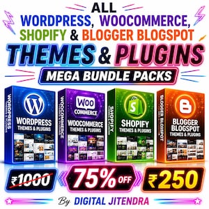 May include: A digital product advertisement featuring four rectangular boxes labeled WordPress, WooCommerce, Shopify, and Blogger Blogspot. The text reads ALL WORDPRESS, WOOCOMMERCE, SHOPIFY & BLOGGER BLOGSPOT THEMES & PLUGINS MEGA BUNDLE PACKS 75% OFF.