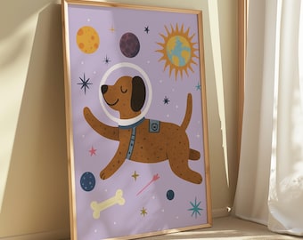 Stampa cane astronauta - Decorazione stravagante per la cameretta dei bambini / Arte murale spaziale, poster stampabile con cane, decorazione per la cameretta dei bambini, download digitale