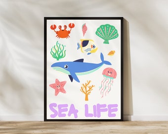 Sea Life Print, Ocean Print, Kids Decor, Printable Wall Art, Downloadable Print, Sea creatures Print, Ocean Decor, kids artwork, nursery art