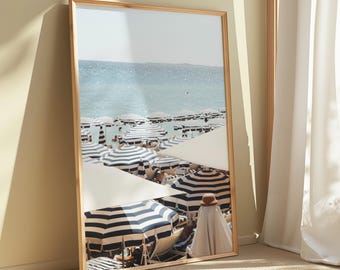 French Riviera Beach Print | Umbrella Coastal Wall Art | Mediterranean Digital Download Poster