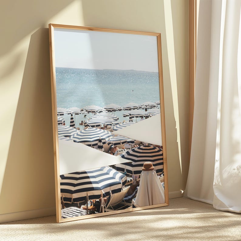French Riviera Beach Print | Blue Umbrella Coastal Wall Art | Mediterranean Summer Decor | Digital Download Photography | Beach House Poster