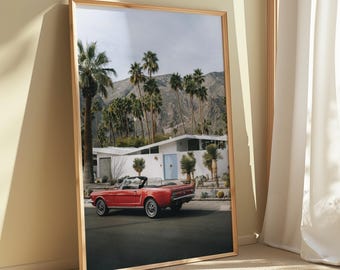 Palm Springs Art Print – Mid-Century Modern Home & Red Mustang | California Wall Art, Palm Springs Poster, Retro Home Decor, Digital Print
