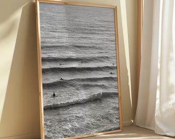 Black and White Surfing Print, California Surf Beach Wall Art, Minimalist Ocean Poster, Coastal Decor