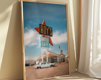 Muurdecoratie Route 66, print van Roy's Motel Cafe, vintage roadtrip-decoratie, retro Americana-poster, digitale download