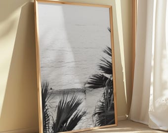 Black and White Surf Print, Coastal Wall Art, Surfer Ocean Photography, Minimalist Beach Decor, Palm Tree Framed Wave, Modern Coastal Print