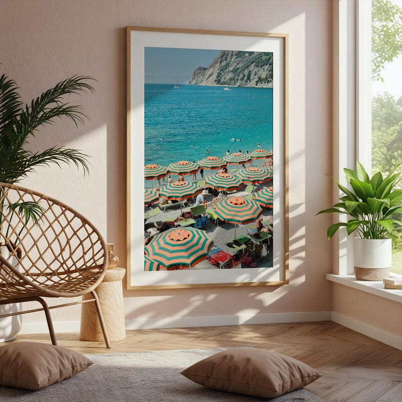 Amalfi Coast Print – Positano Beach Orange Umbrellas | Italy Travel Poster, Coastal Wall Art, Mediterranean Decor, Digital Download
