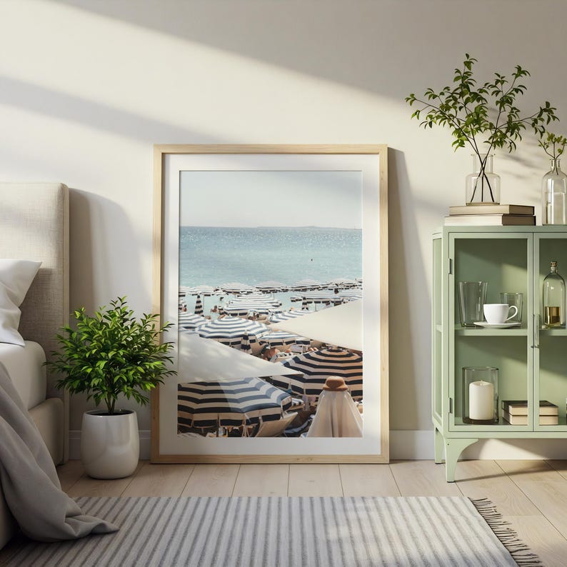 French Riviera Beach Print | Blue Umbrella Coastal Wall Art | Mediterranean Summer Decor | Digital Download Photography | Beach House Poster