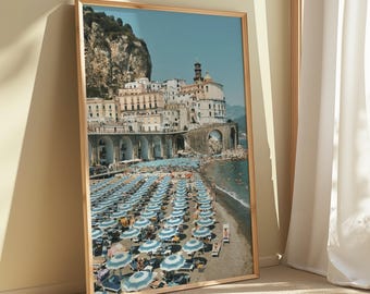 Amalfi Coast Wall Art Printable – Italy Travel Poster, Positano Beach Print, Mediterranean Coastal Decor, Blue Umbrella Art Digital Download