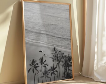 Schwarz-Weiß-Surf-Print, kalifornische Surf-Wandkunst, digitaler Download eines Küstenstrandes, druckbare Meereswellen-Kunst