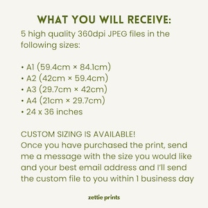 May include: A digital print product description with text: "WHAT YOU WILL RECEIVE: 5 high quality 360dpi JPEG files in the following sizes: A1 (59.4cm x 84.1cm), A2 (42cm x 59.4cm), A3 (29.7cm x 42cm), A4 (21cm x 29.7cm), and 24 x 36 inches."