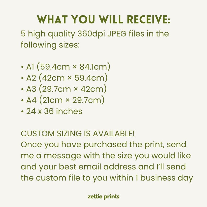 May include: A digital print product description with text: "WHAT YOU WILL RECEIVE: 5 high quality 360dpi JPEG files in the following sizes: A1 (59.4cm x 84.1cm), A2 (42cm x 59.4cm), A3 (29.7cm x 42cm), A4 (21cm x 29.7cm), and 24 x 36 inches."