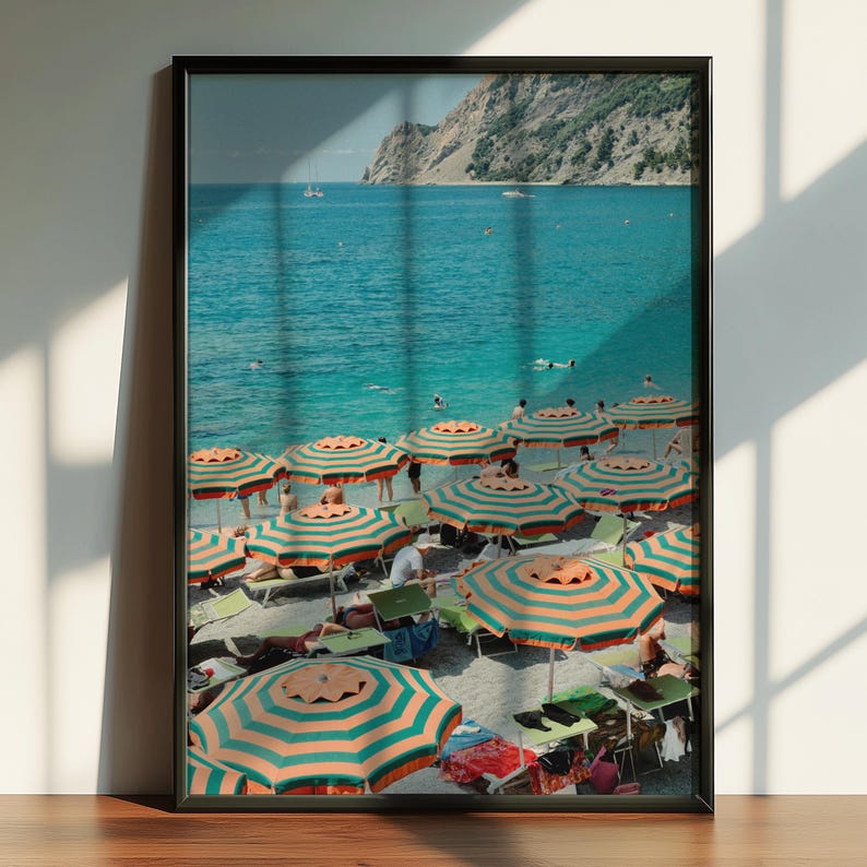 Amalfi Coast Print – Positano Beach Orange Umbrellas | Italy Travel Poster, Coastal Wall Art, Mediterranean Decor, Digital Download