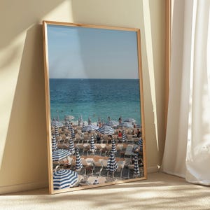 French Riviera Beach Print – Blue Umbrellas | Mediterranean Coastal Wall Art, France Travel Poster, Digital Download
