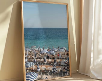 French Riviera Beach Print – Blue Umbrellas | Mediterranean Coastal Wall Art, France Travel Poster, Digital Download