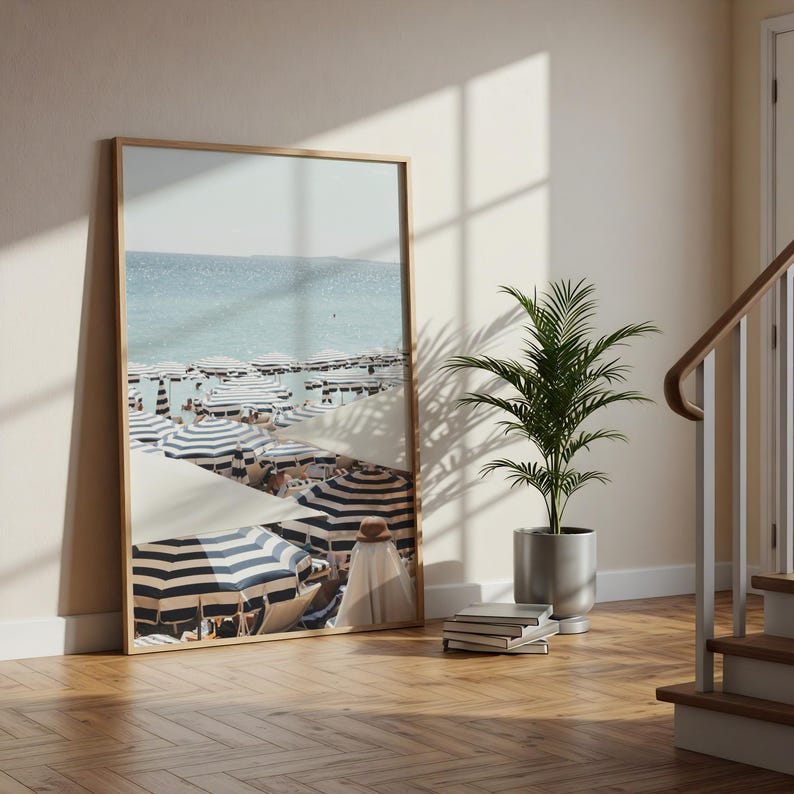 French Riviera Beach Print | Umbrella Coastal Wall Art | Mediterranean Digital Download Poster image 7
