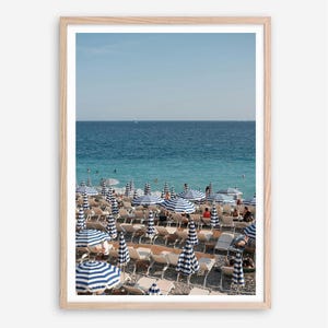 French Riviera Beach Print – Blue Umbrellas | Mediterranean Coastal Wall Art, France Travel Poster, Digital Download
