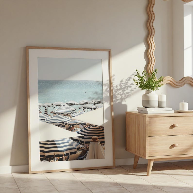 French Riviera Beach Print | Umbrella Coastal Wall Art | Mediterranean Digital Download Poster image 2