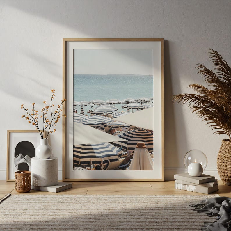 French Riviera Beach Print | Umbrella Coastal Wall Art | Mediterranean Digital Download Poster image 3
