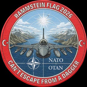 May include: A circular embroidered patch featuring a fighter jet flying over a body of water with mountains in the background. The red border contains the text RAMMSTEIN FLAG 2026 and CAN'T ESCAPE FROM A DAGGER. Includes NATO OTAN text and symbols.