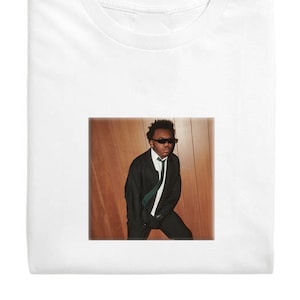 May include: A man wearing a black suit jacket, a white shirt, a dark green tie, and black sunglasses stands in front of a wood-paneled wall.