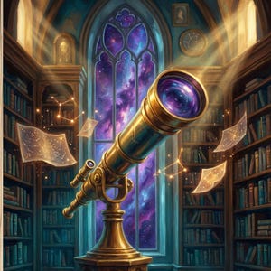 May include: A framed print of a detailed illustration of a telescope in a library. The telescope is gold-colored, and the background features a stained-glass window with a view of a nebula. Bookshelves line the walls.