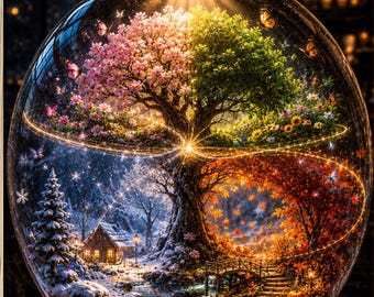 Four Seasons Tree of Life Wall Art, Fantasy Terrarium Print, Enchanted Seasonal Landscape Decor
