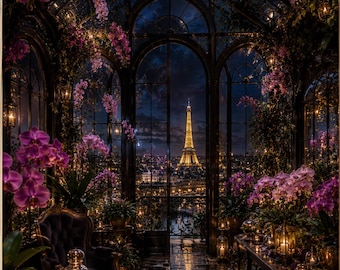 Paris Greenhouse Wall Art, Romantic Eiffel Tower Night View Print, Luxurious Floral Conservatory Decor