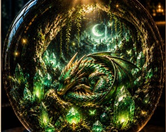 Green Dragon Terrarium Wall Art, Fantasy Crystal Cave Print, Magical Sleeping Dragon Decor